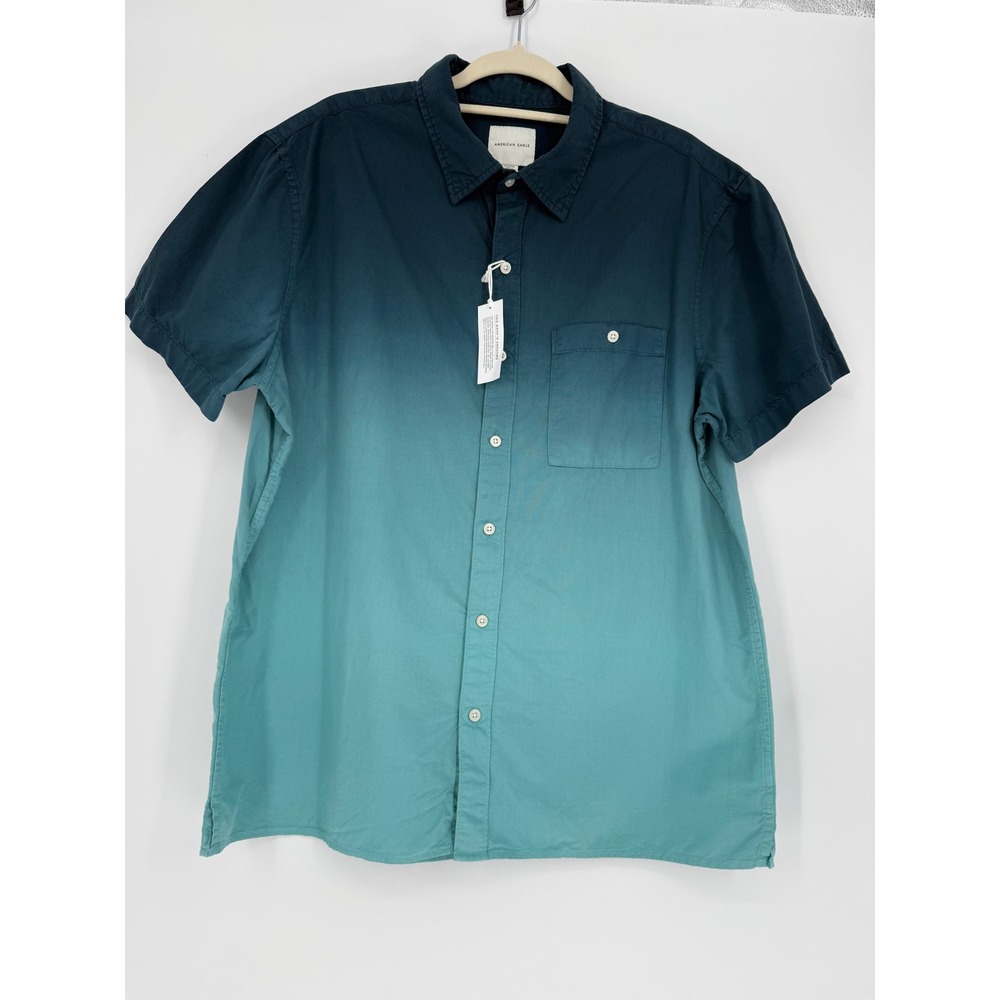 American Eagle Mens Green Short Sleeve Button Up Shirt XL Top Color Block Ombre